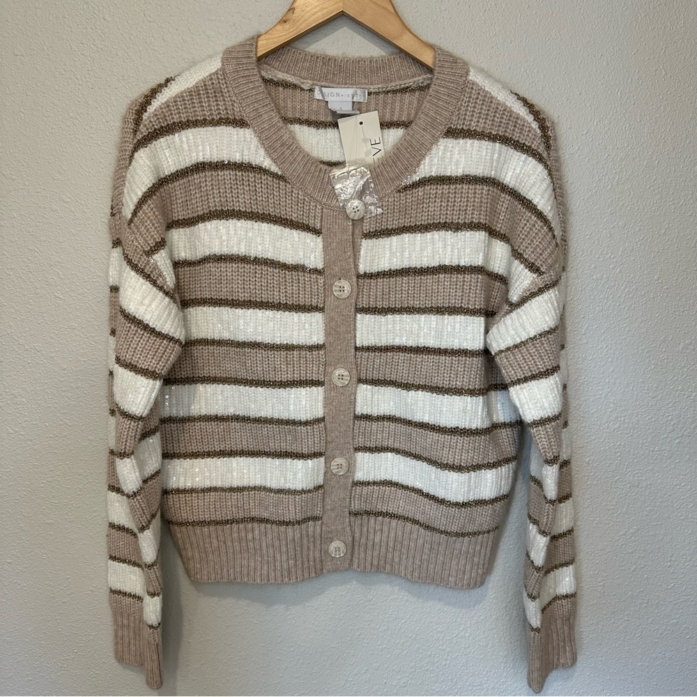 **NWT** Evereve Sequined Striped Beige and White Women's Sweater